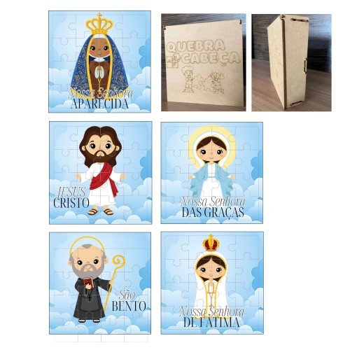 Kit 5 Quebra Cabeças + Caixinha em MDF - Religioso 1